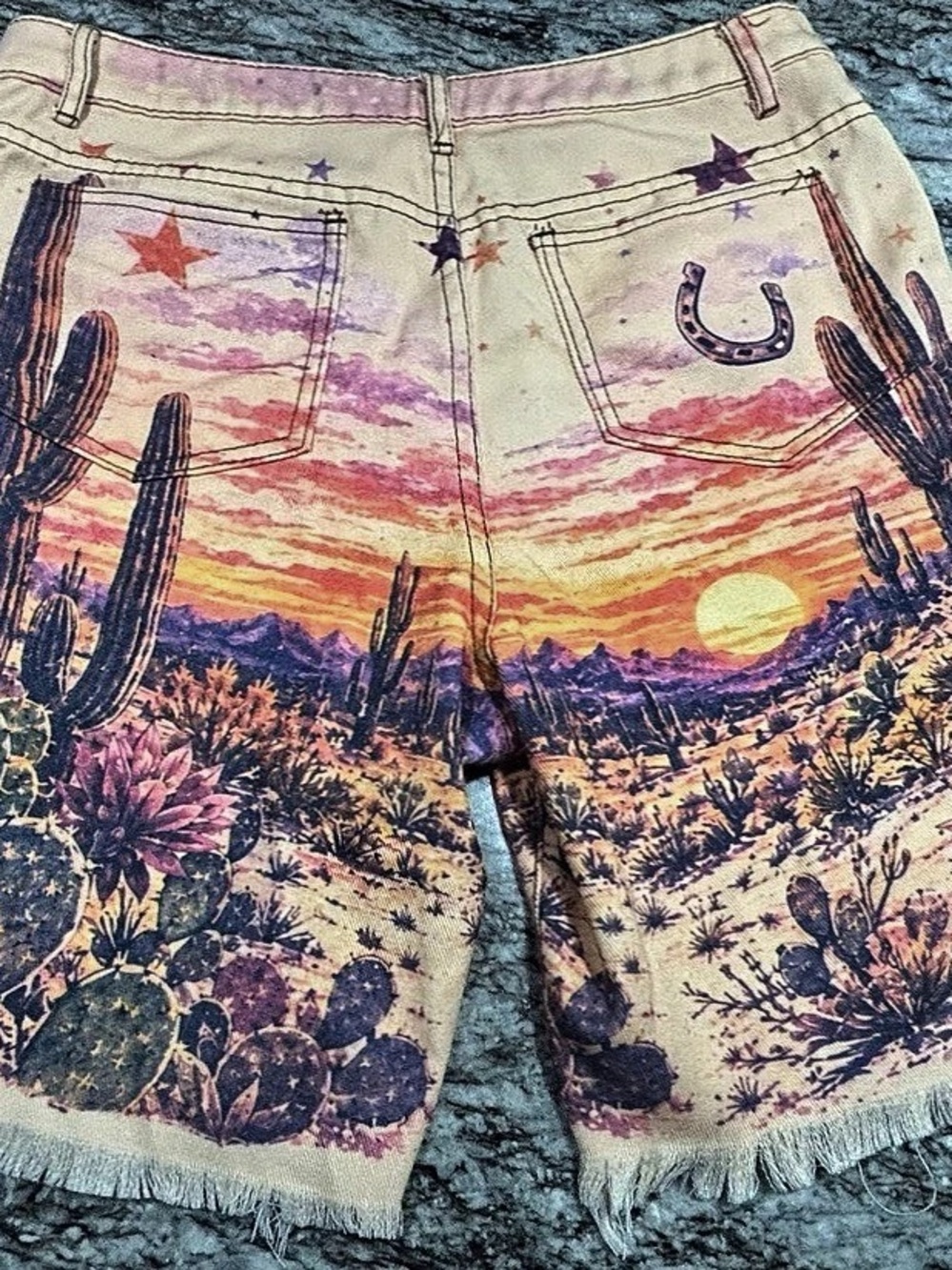 Sunset Cactus Graphic Denim Jorts Raw Hem Waist 34